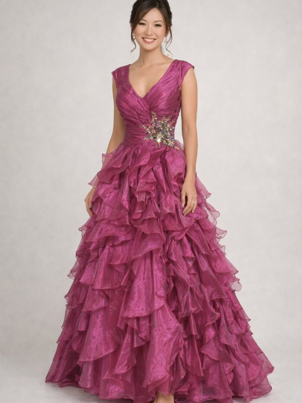 Fushia ruffle full skirt Ballgown rhinestone cap sleeve v-neck ruched bodice